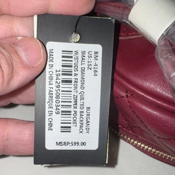 Badgley Mischka Burgundy Quilted Mini Backpack with Gold Accents - Picture 4 of 12